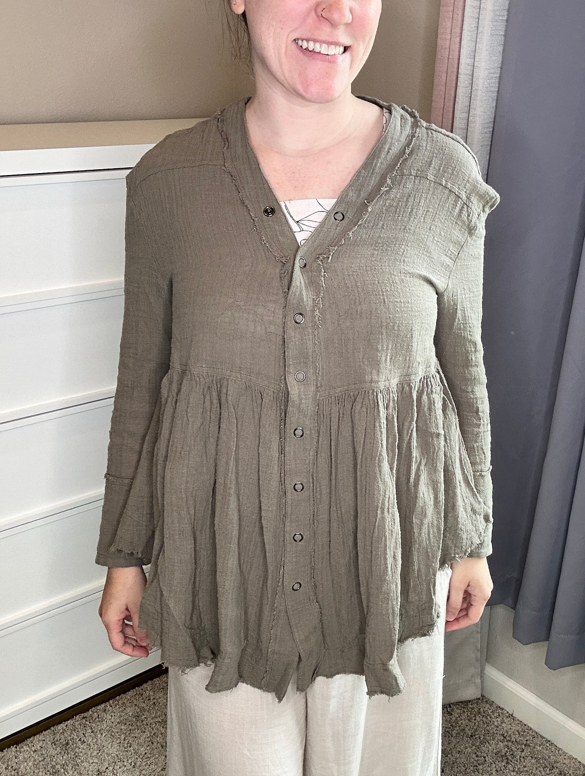 Olive Button Down Gauze Top