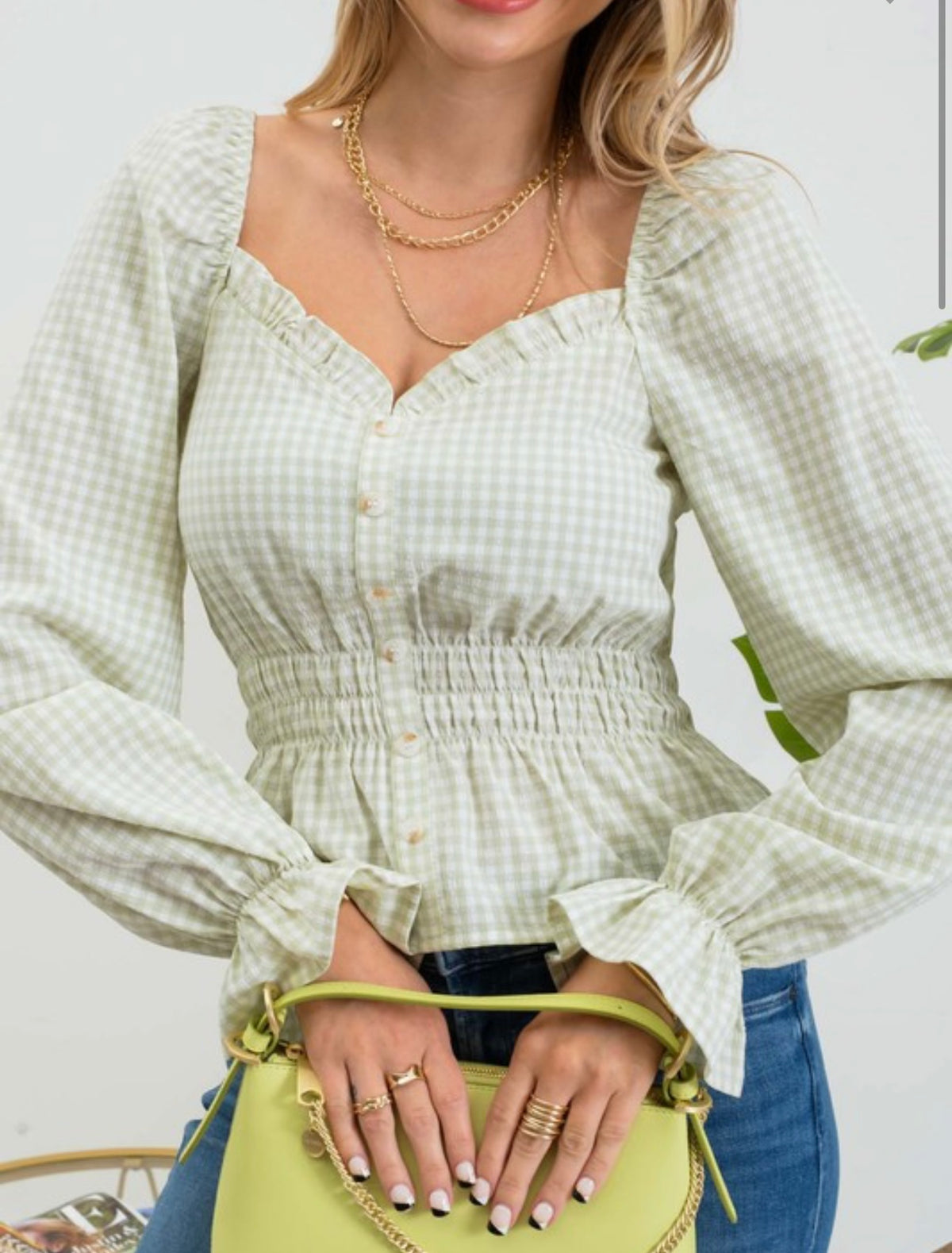 Sage Gingham Long Sleeve Blouse