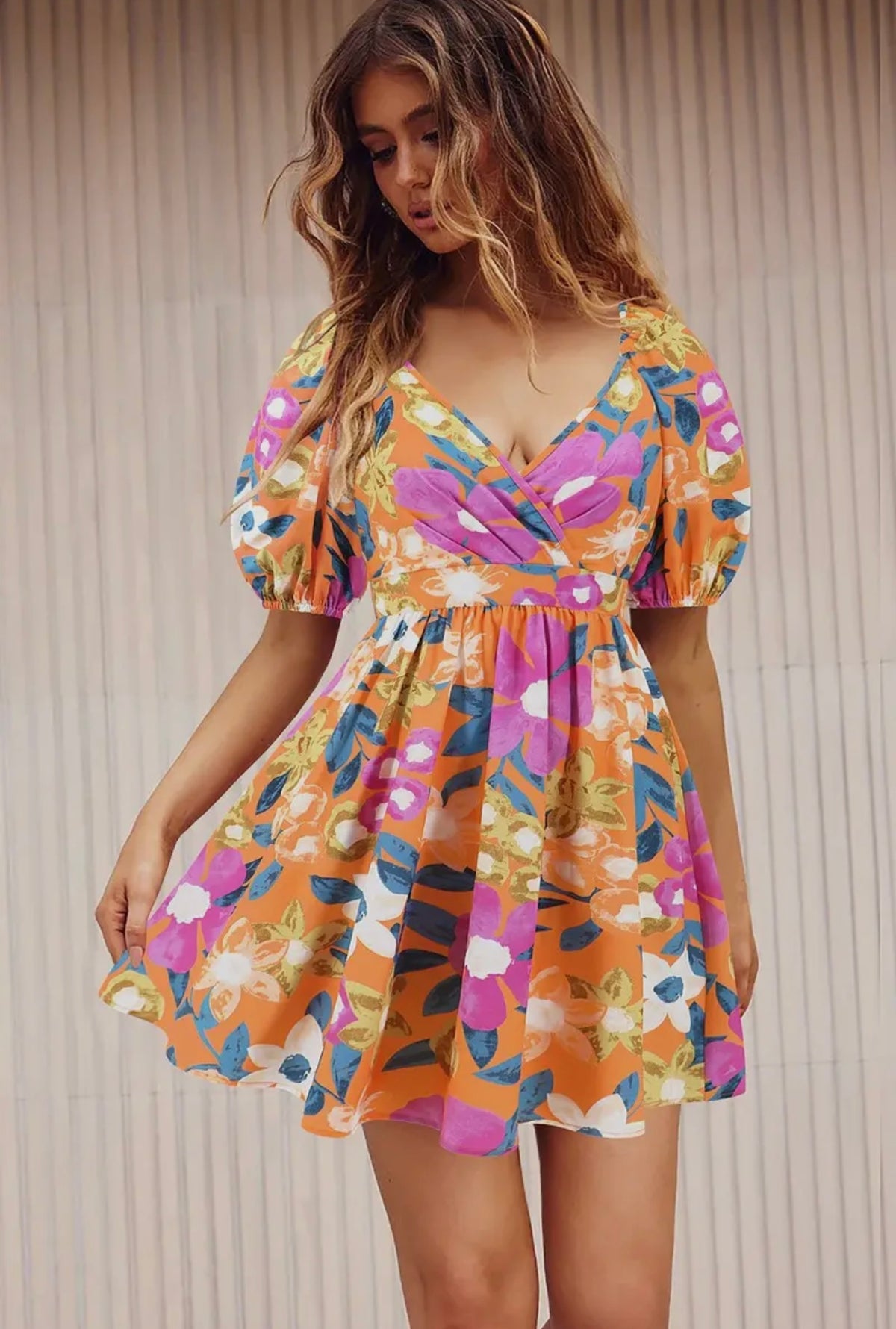 Orange & Blue Floral Mini Dress With lantern sleeve