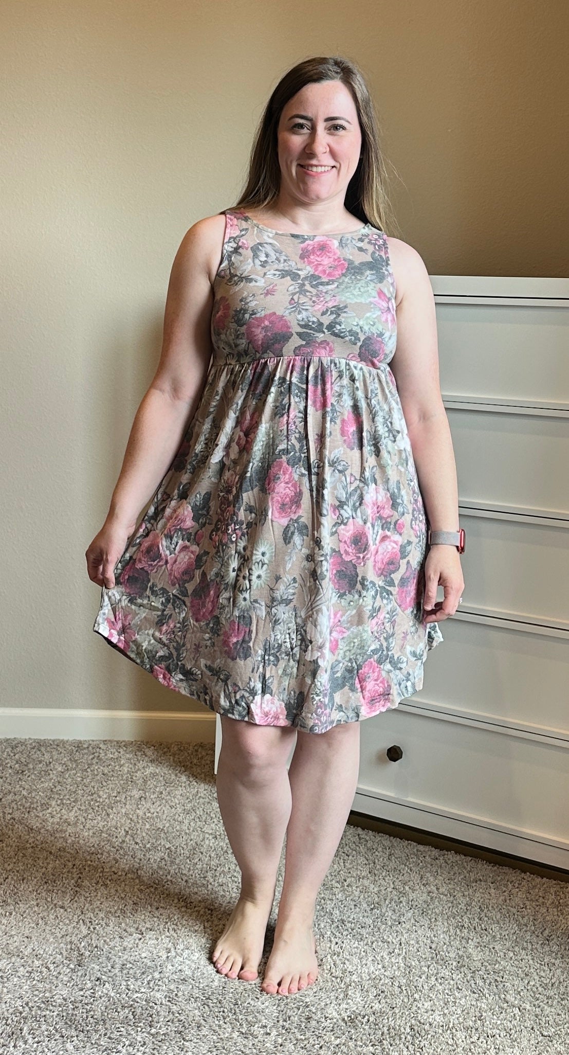 Taupe Floral Sleeveless Dress