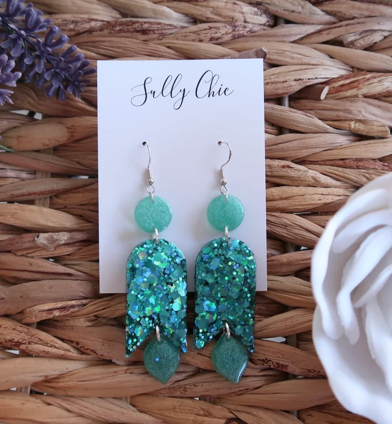 Green glitter dangle earrings, handmade resin jewelry