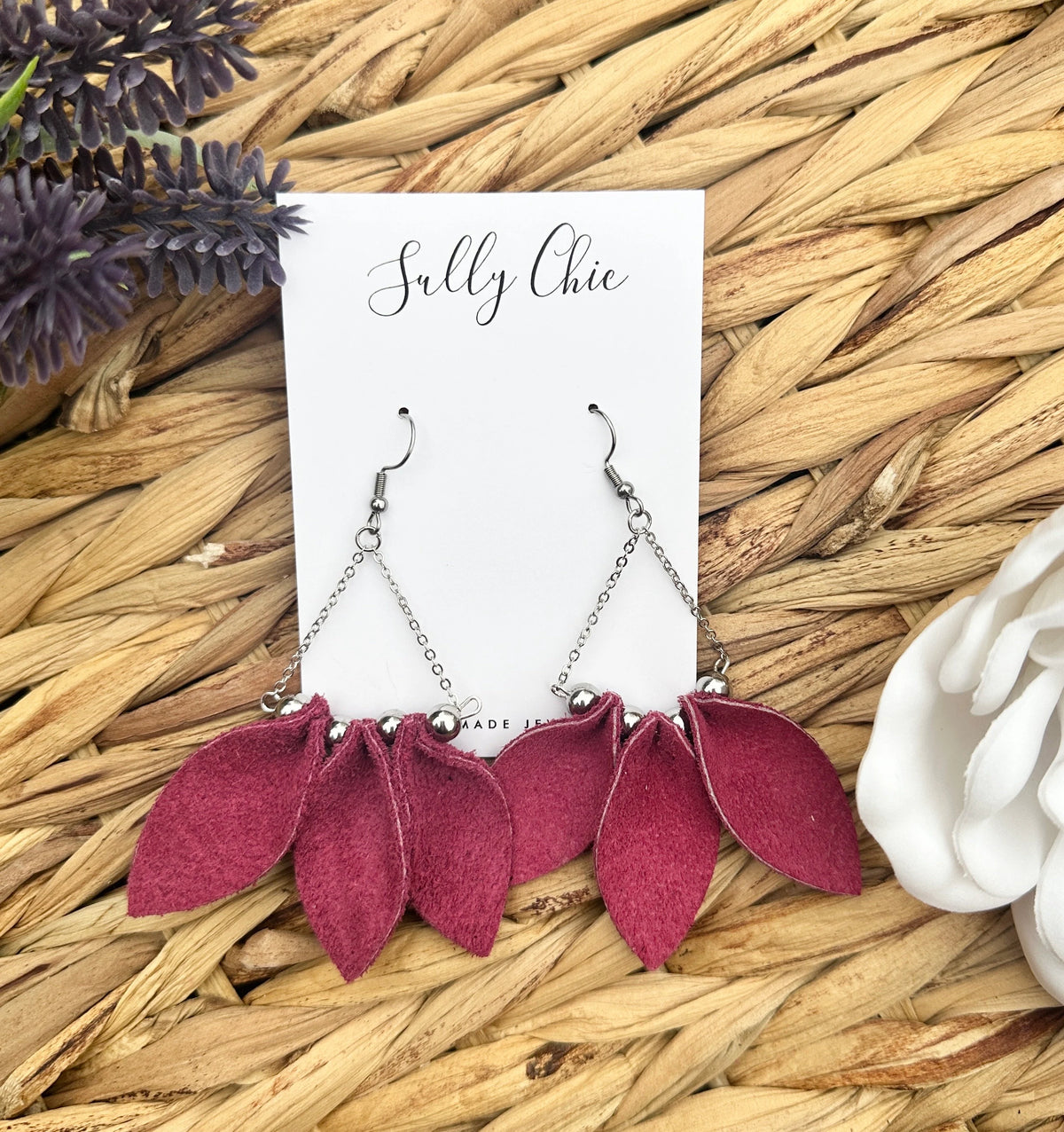 Burgundy drop petals genuine leather earrings, handmade leather jewelry