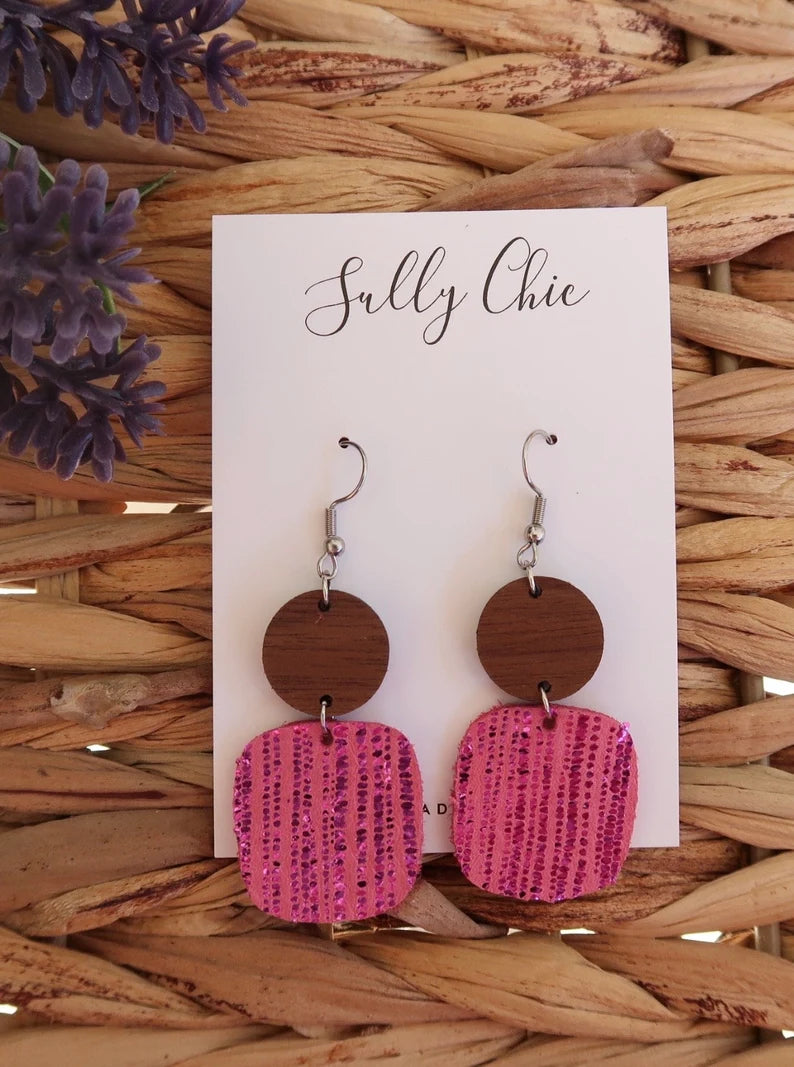 Pink metallic genuine leather earrings,