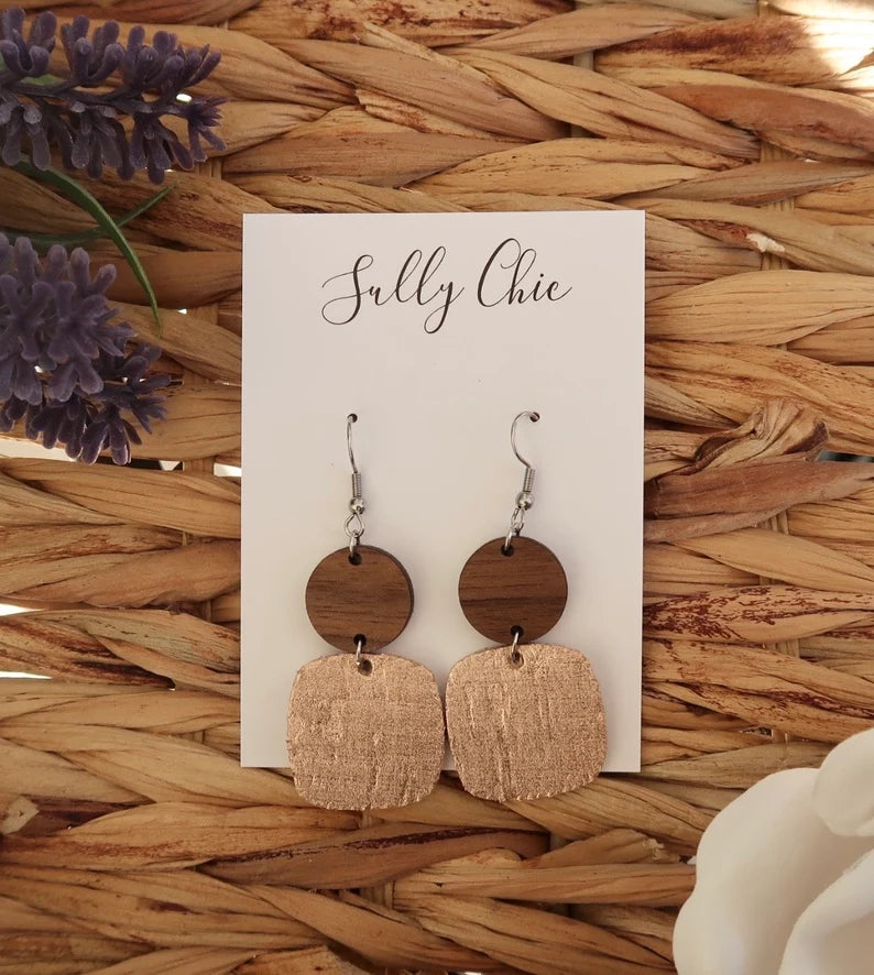 Rose gold handmade genuine leather backed cork earrings