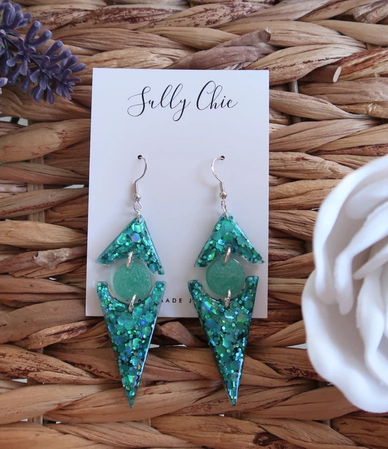 Green glitter dangle earrings, handmade resin jewelry