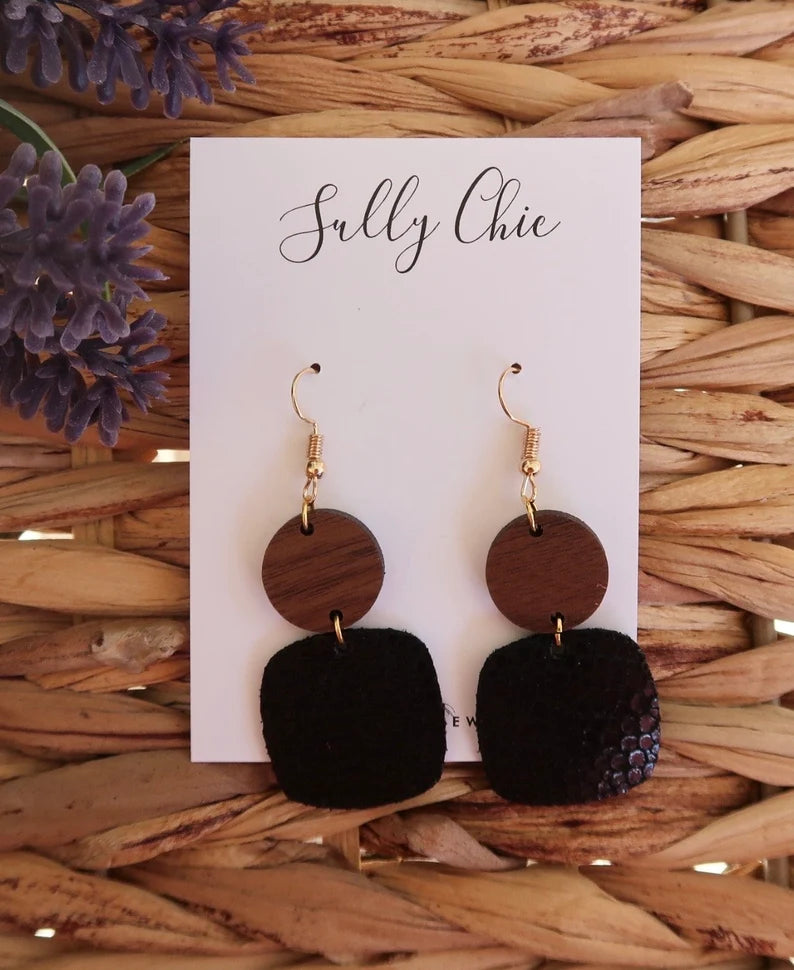 Midnight black handmade genuine leather earrings,