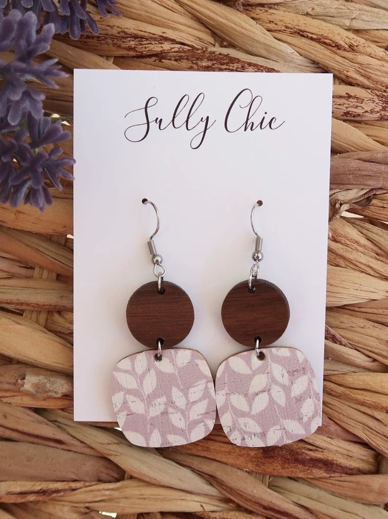 Mauve floral leaf genuine handmade leather backed cork earrings