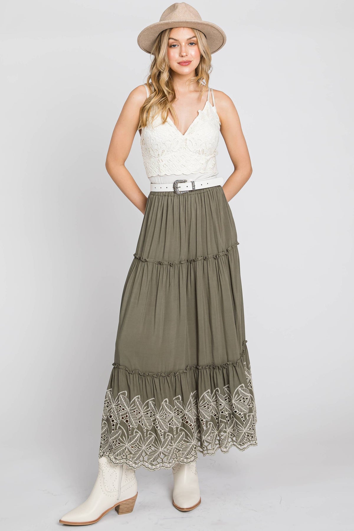 Green tiered maxi skirt with white embroidery