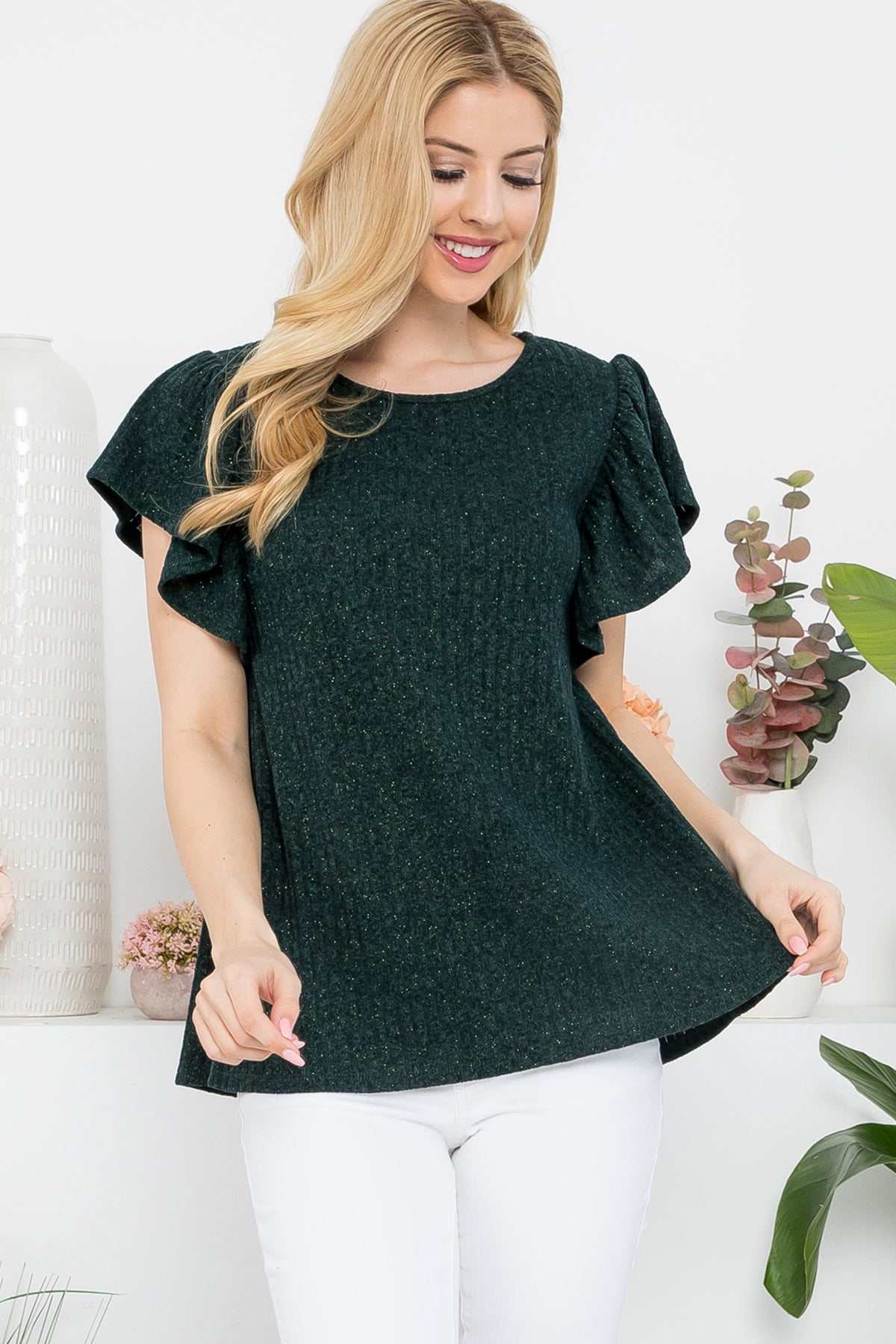 Green glitter top flutter sleeves