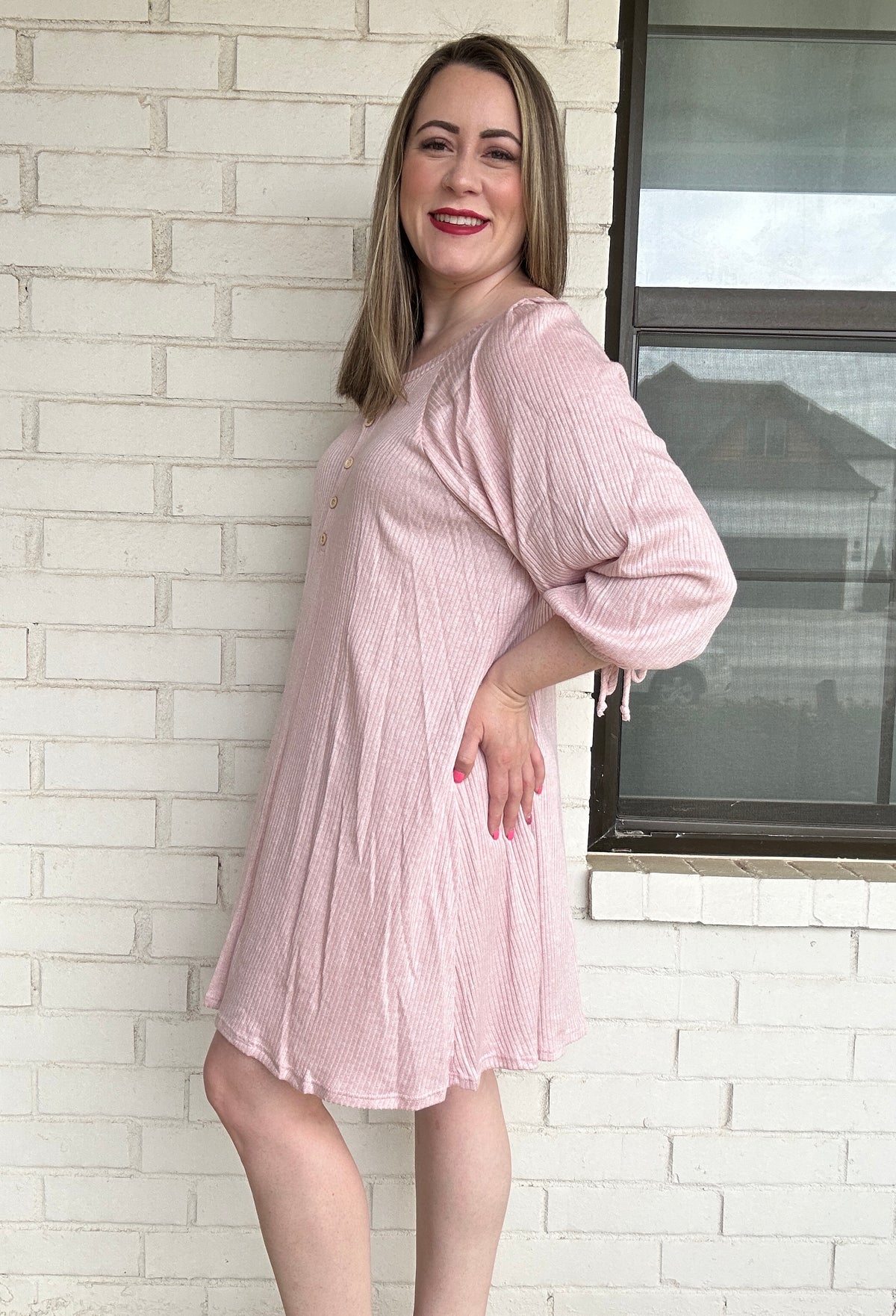 Blush button tie arm dress