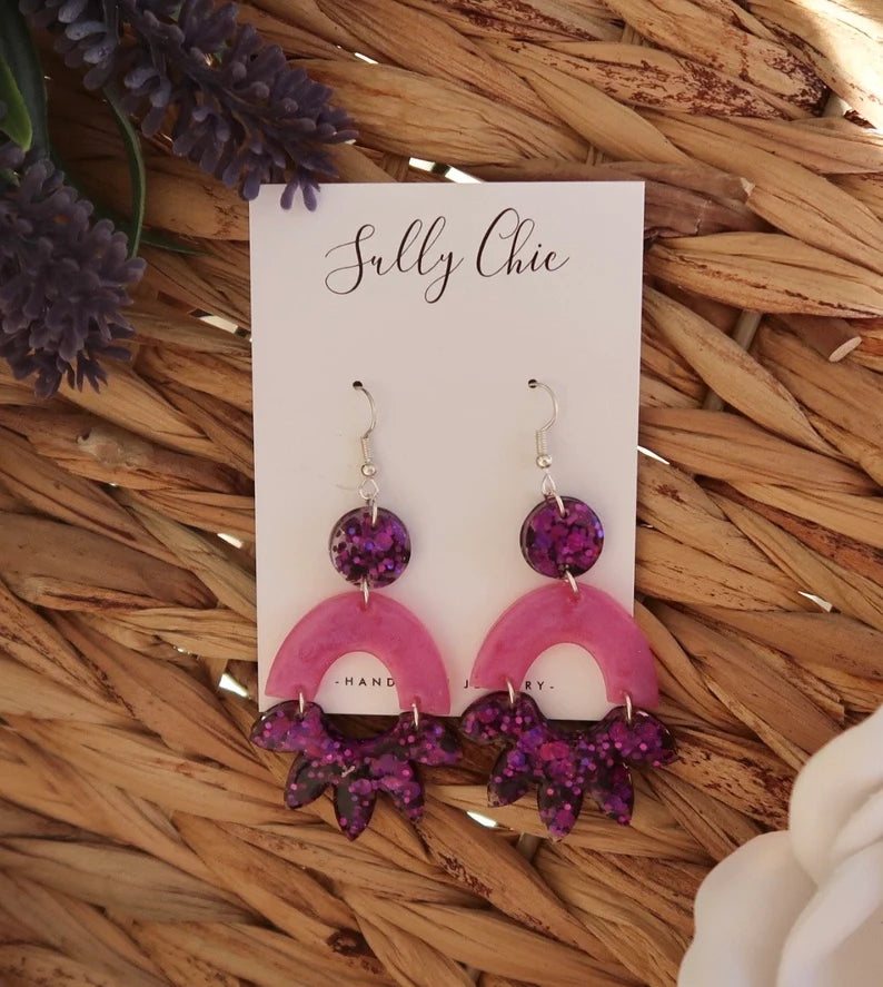 Pink and purple glitter flower dangle earrings, handmade resin jewelry