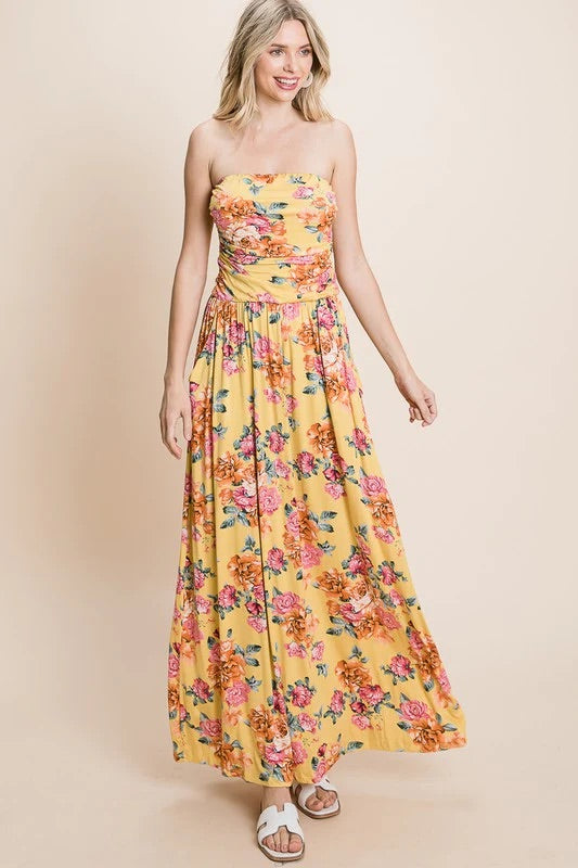 YELLOW OFF SHOULDER FLORAL PRINT POCKETED DRESS