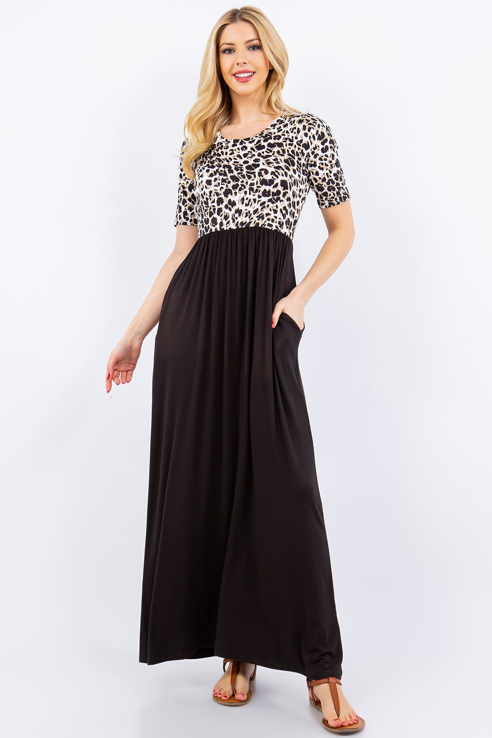 Leopard & Black Maxi Dress With Pocket