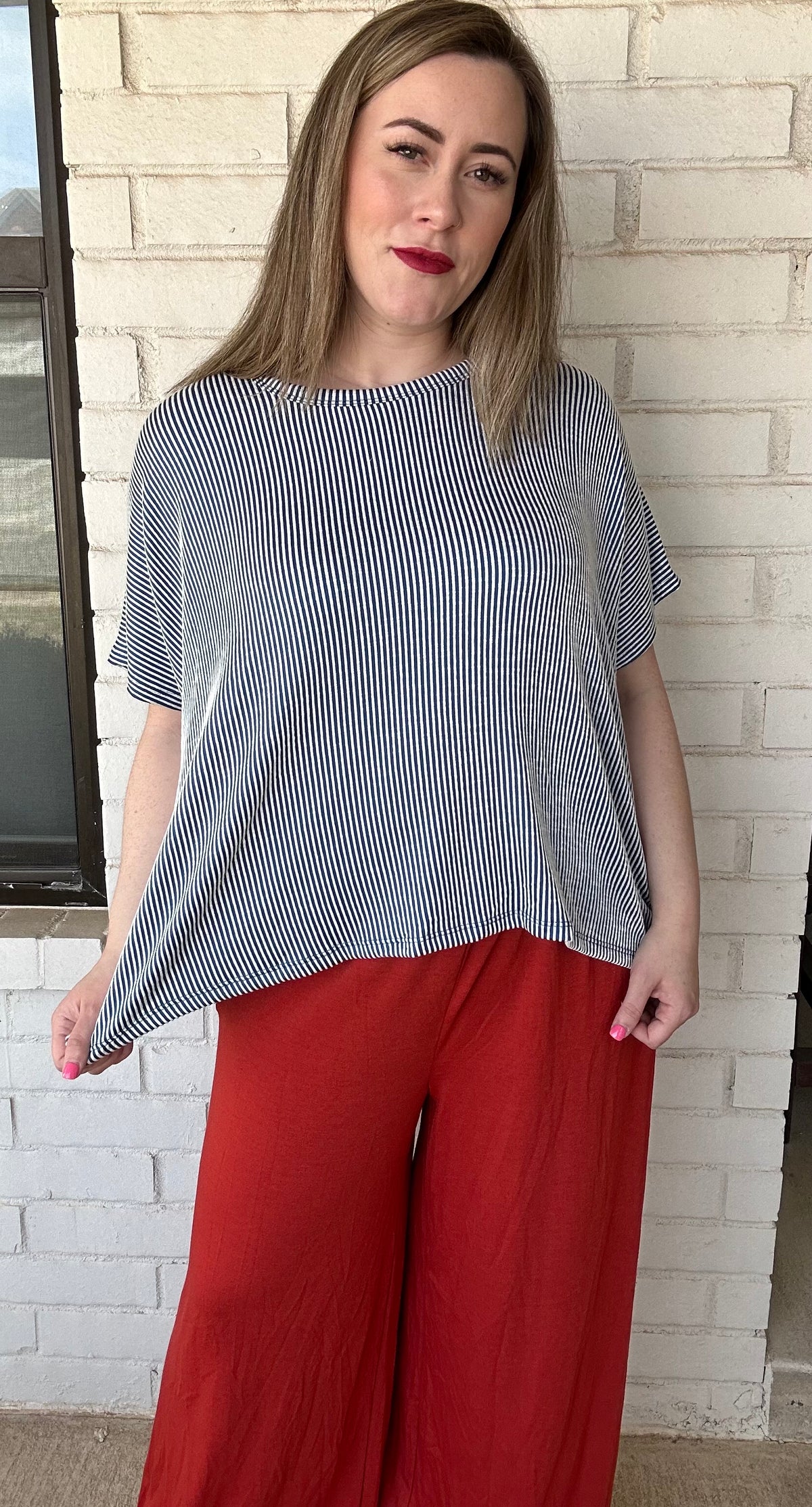 RIBBED STRIPED OVERSIZED SHORT SLEEVE TOP