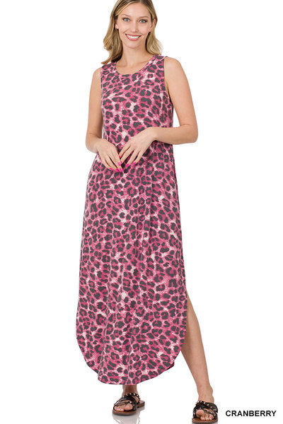 Zenana cranberry leopard side slot dress