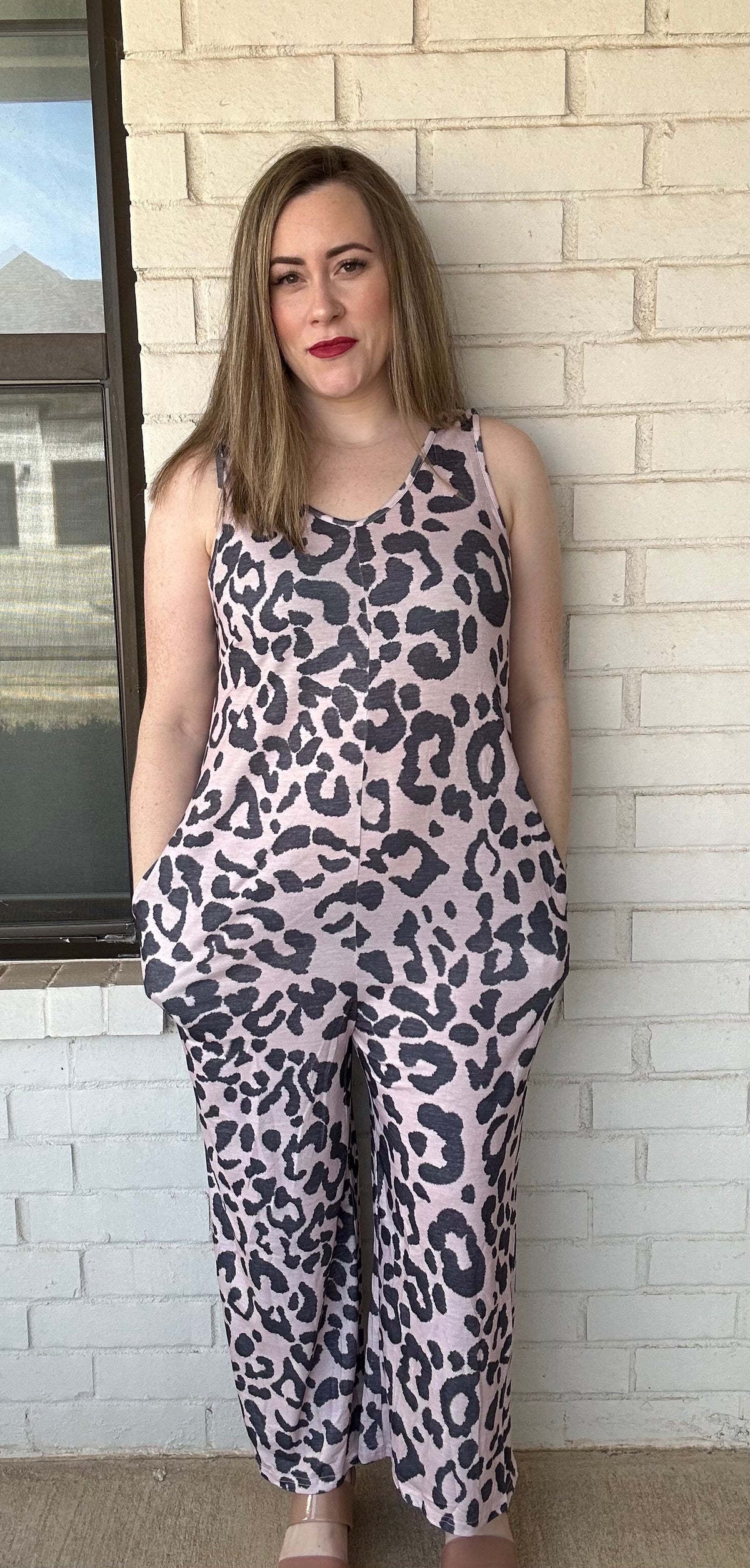 Leopard Print Pockets Wide Leg Sleeveless Jumpsuit